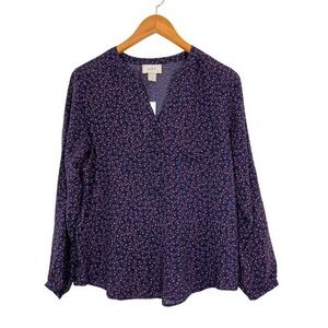 LOFT Petite Anchor Print Long Sleeve Blouse Top Button V‎ Neck SP